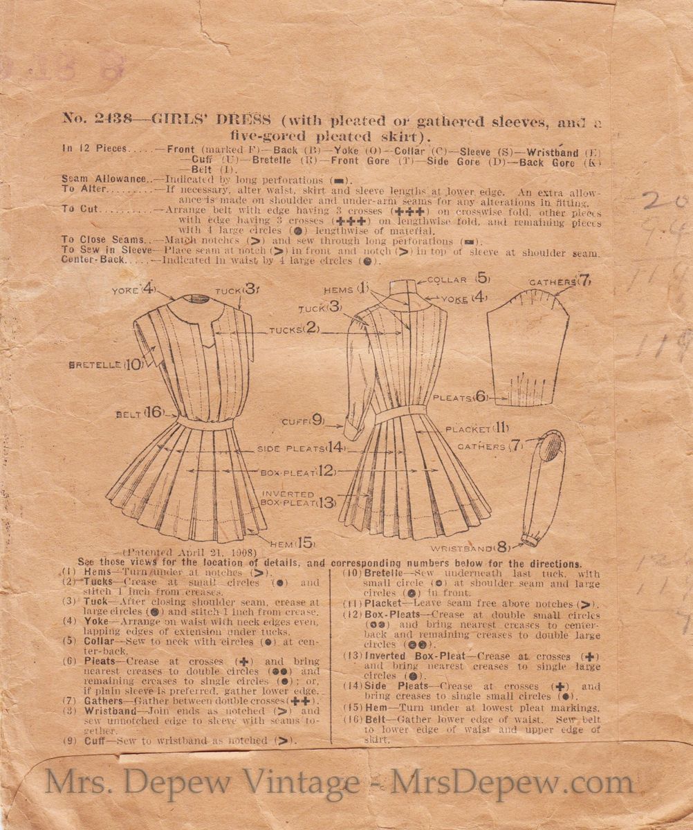 Incredibly Rare Original 1900s McCall 2438 Girl's Dress Sewing Pattern 1909