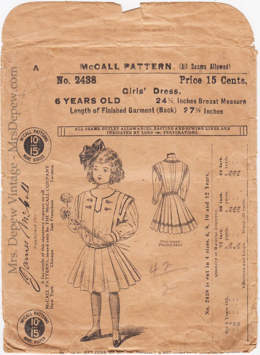 Incredibly Rare Original 1900s McCall 2438 Girl's Dress Sewing Pattern 1909