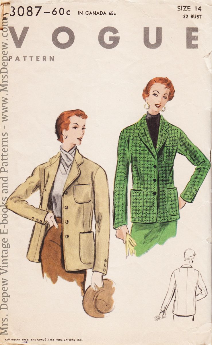 Vintage Sewing Pattern Ladies' Jacket 1950s Vogue 8087 32 Bust