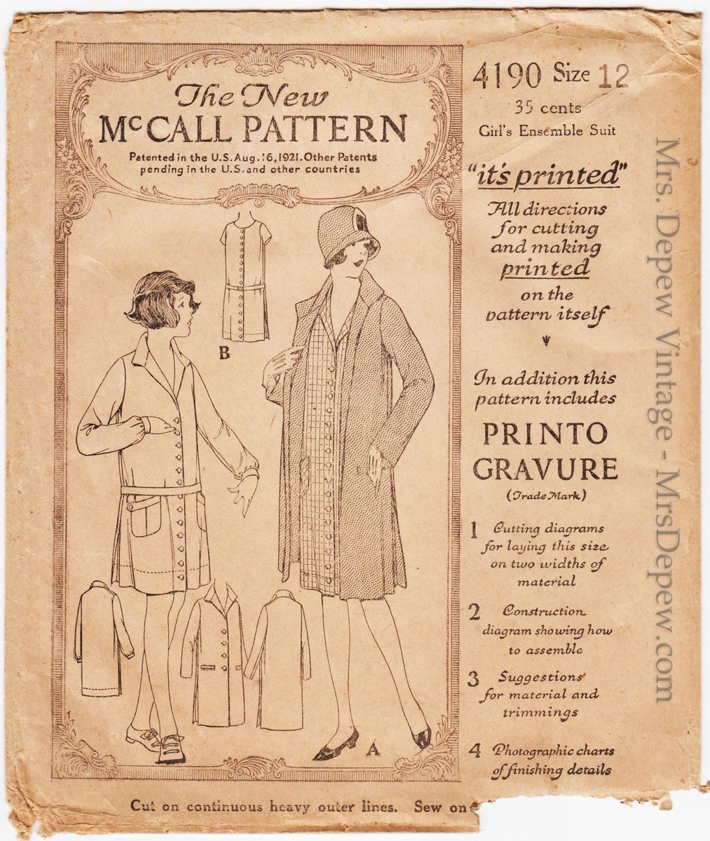 Vintage Sewing Pattern 1920s McCall 4190 Girl's Dress and Coat Ensemble 30  Bust