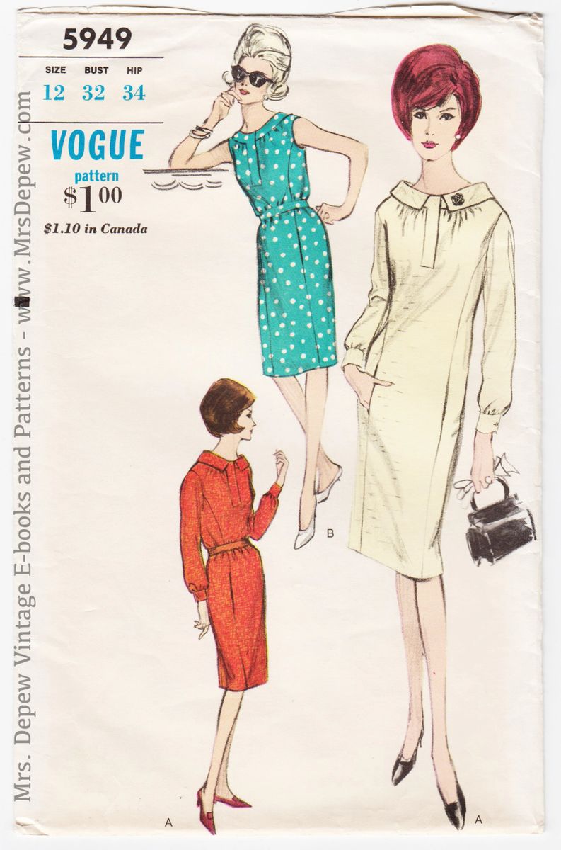 Vintage Sewing Pattern Ladies' Sheath Dress 1960s Vogue 5949 32 Bust