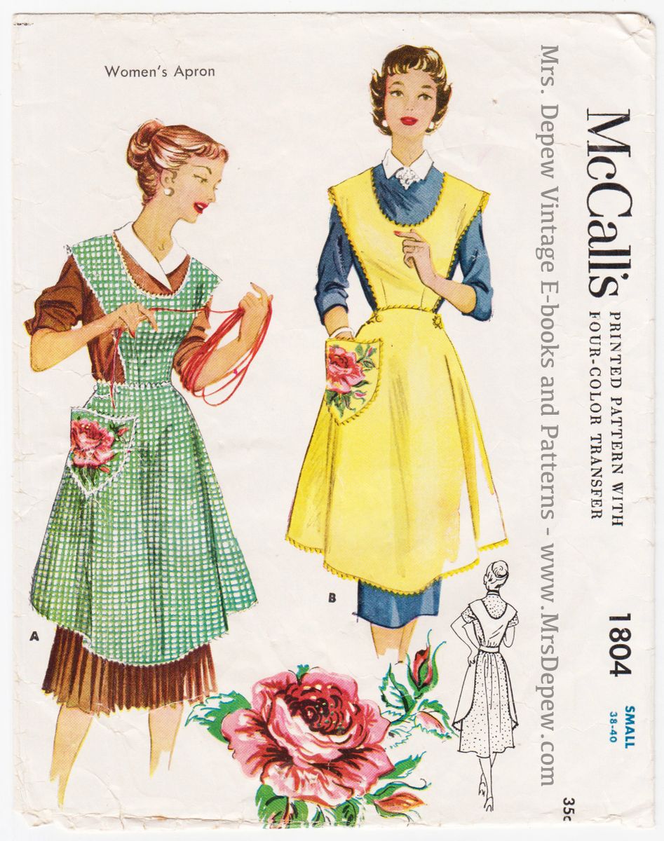 1950s PRETTY Set of Aprons Pattern SIMPLICITY 1789 Full Bib Apron or Half  Hostess Aprons Includes Applique Transfer Vintage Sewing Pattern