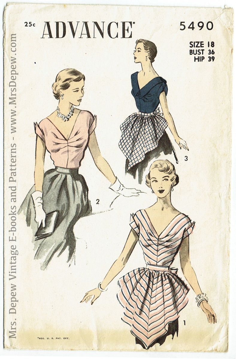 Rare 1940s-1950s Vintage Sewing Pattern Misses' Blouses Advance 5490 36  Bust