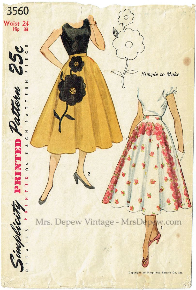 Vintage Sewing Pattern 1950s Circle Skirt With Flower Applique Transfer  Design Simplicity 3560 24" Waist