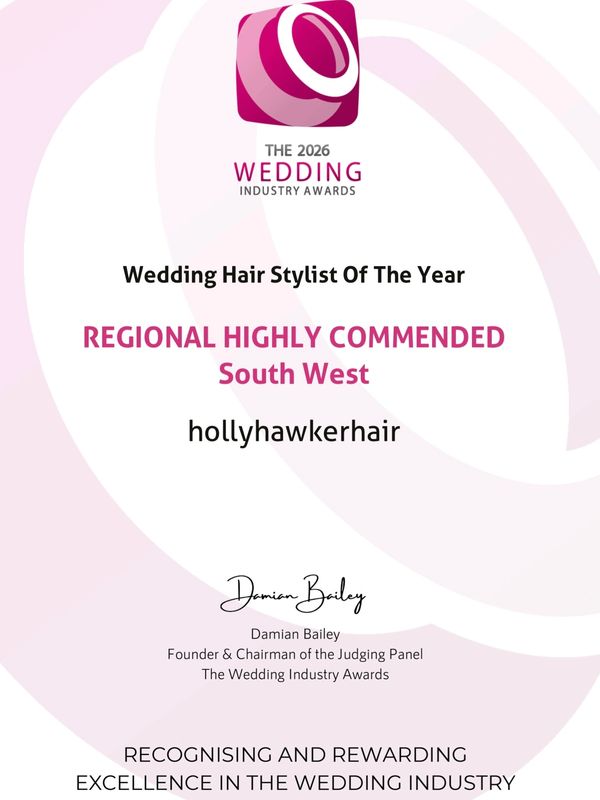 Award certificate for Wedding Hair Stylist of the Year, Regional Highly Commended.