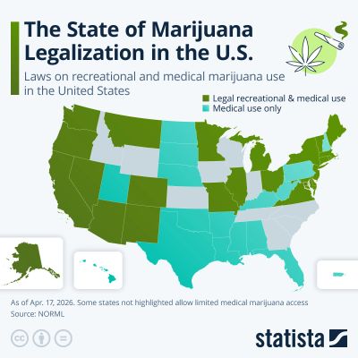 U.S. map showing marijuana legalization status by state.