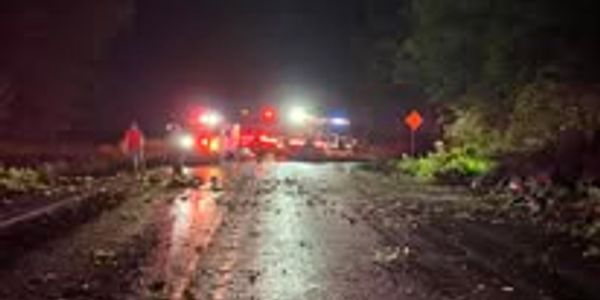 Nighttime scene with emergency vehicles and debris on a wet road.