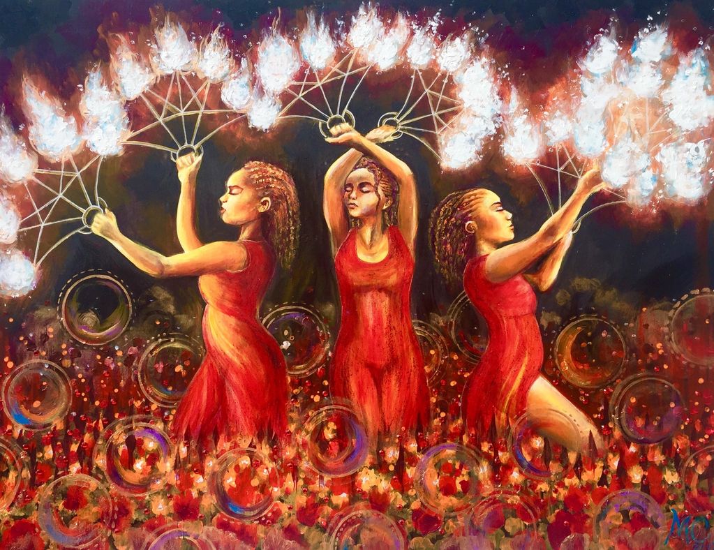 three women in red dresses dancing with fire fans bubbles red flowers