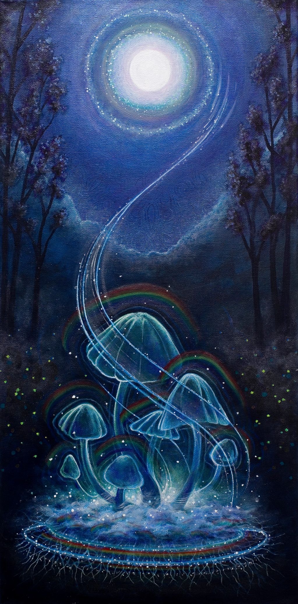 blue mushrooms under moonlight with rainbows and fireflies and electric mycelium