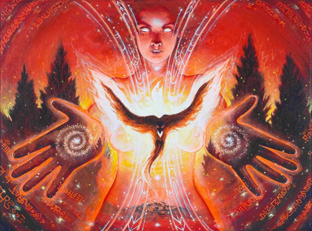 fire woman forest fire painting hands with galaxies phoenix