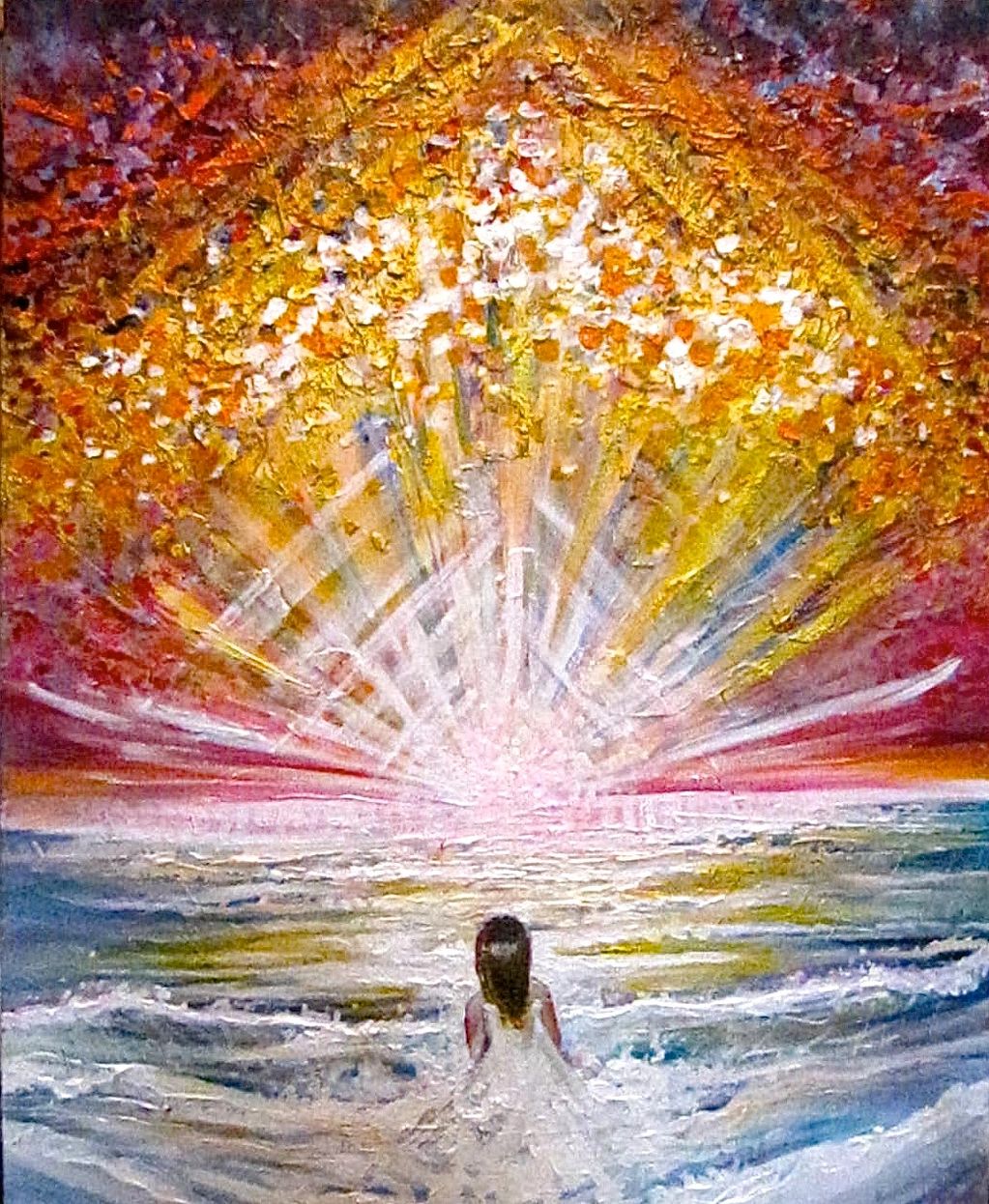 woman in water ocean surf looking at sky yellow glow stars