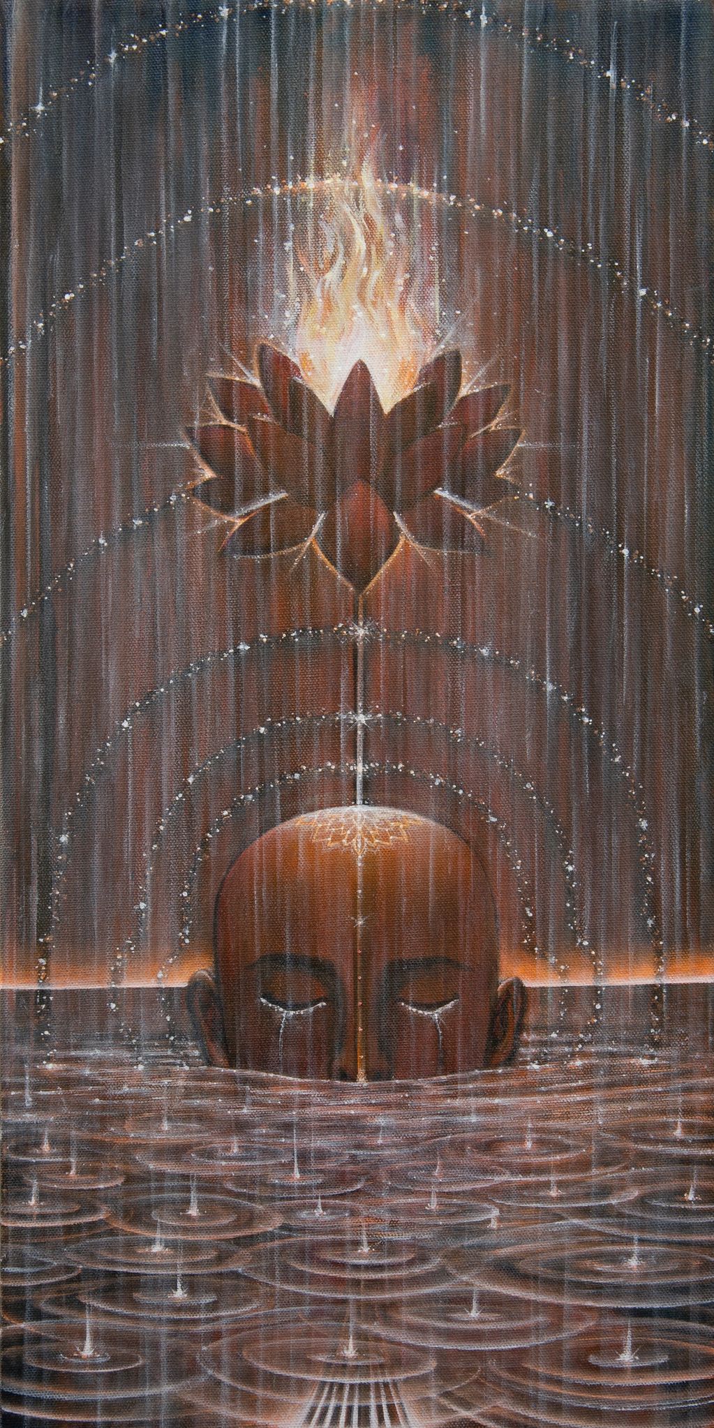 head rising in water with flaming lotus