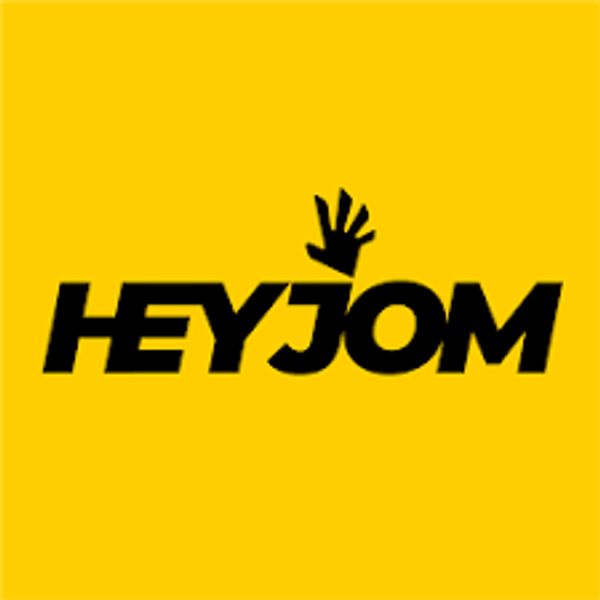 Bold yellow logo with black text 'HEYJOM' and a hand symbol.