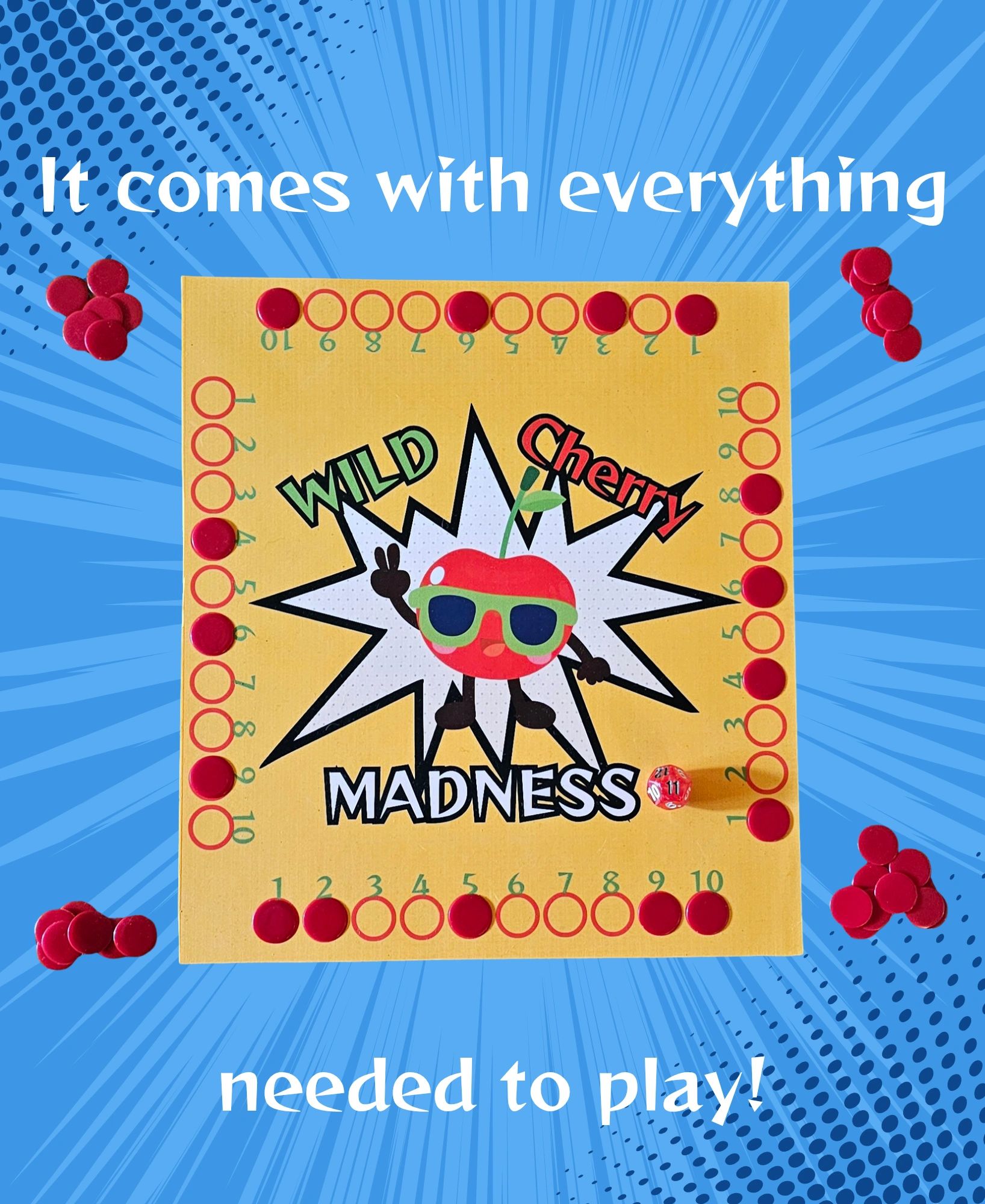 Colorful Wild Cherry Madness board game with red tokens and a red die.
