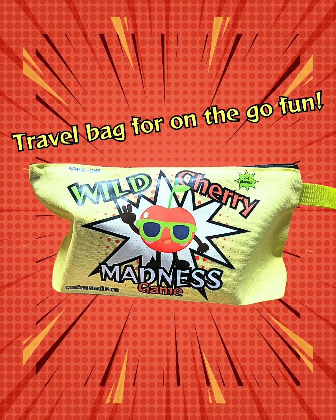 Yellow travel bag with Wild Cherry Madness game design on a vibrant red background.
