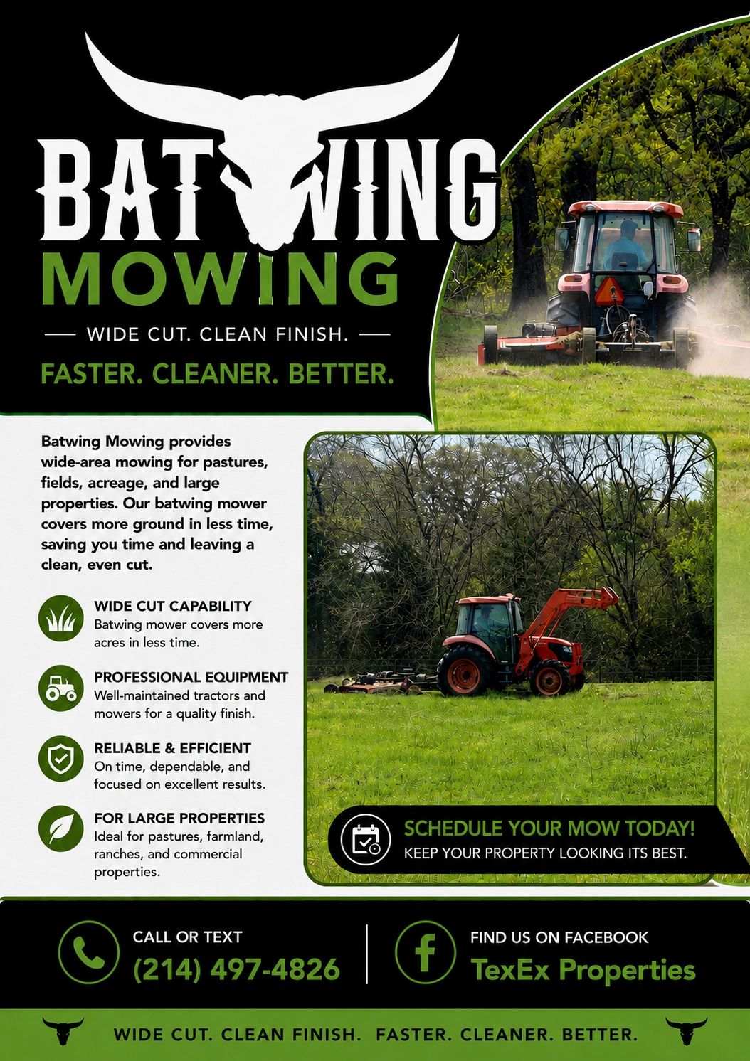 Batwing Mowing offers efficient wide-area mowing with professional equipment for large properties.