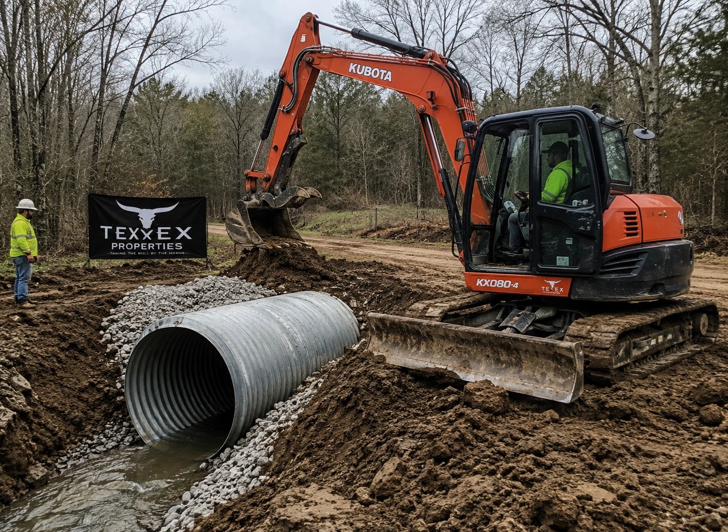 Excavator placing gravel around a large drainage pipe on a muddy construction site.
