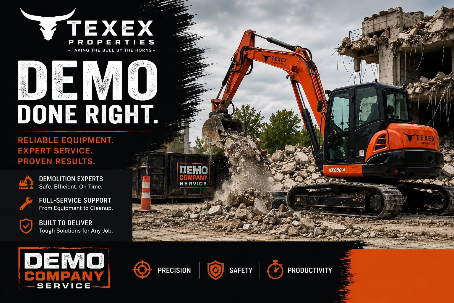 Orange excavator demolishing rubble at a construction site with Texex Properties branding.