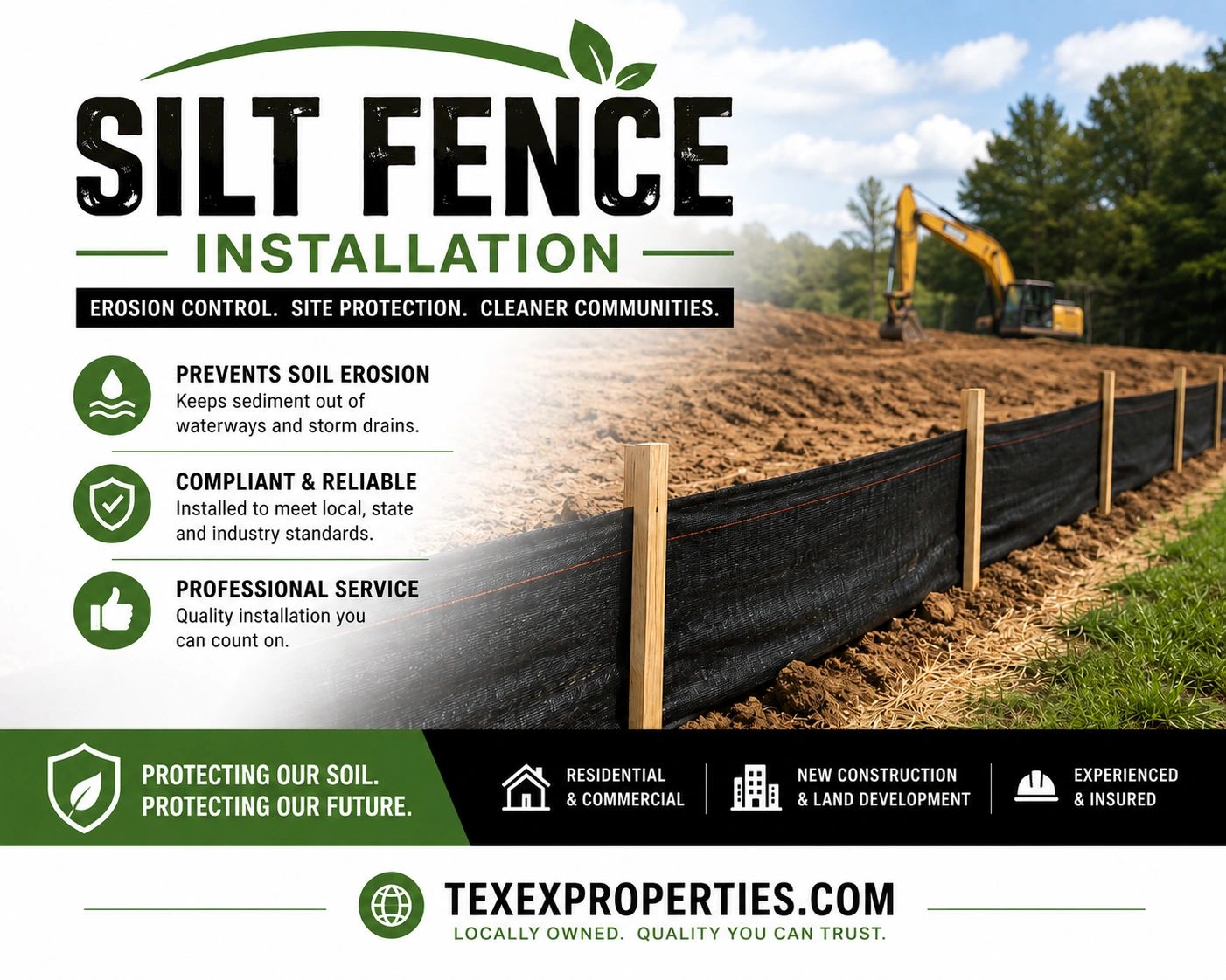 Silt fence installation for erosion control and site protection with professional service.