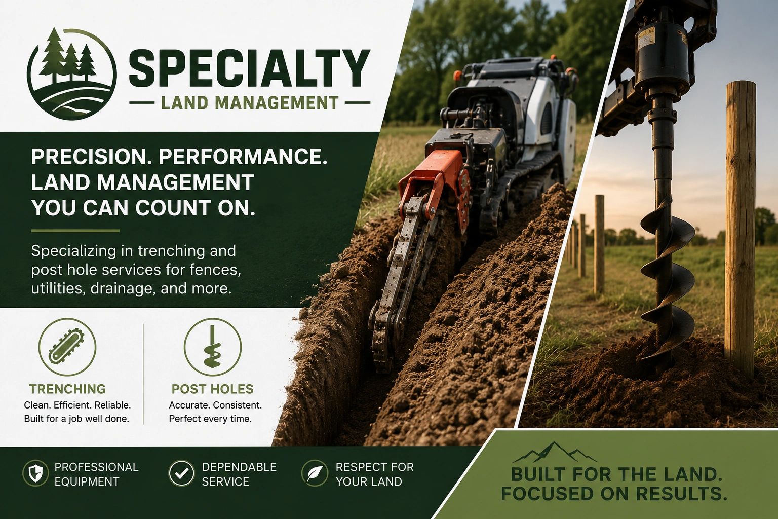 Specialty Land Management offers precise trenching and post hole services with professional equipment and dependable service.
