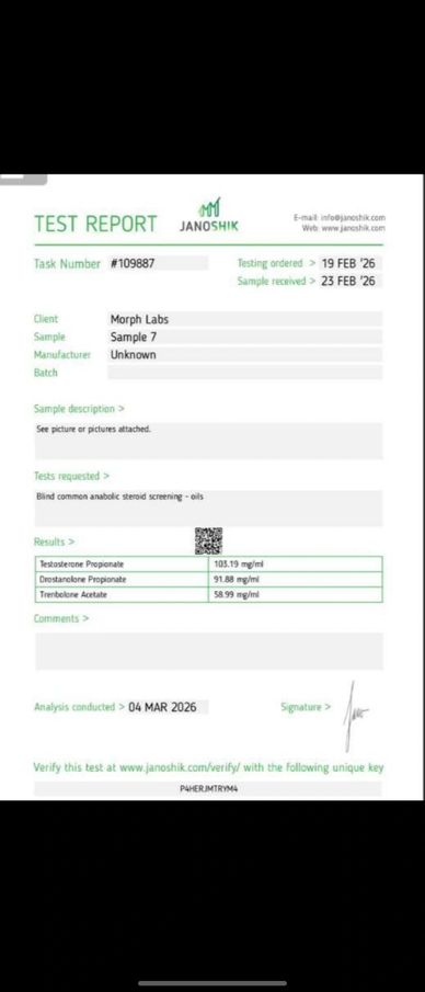 Test report showing steroid screening results for Morph Labs sample.