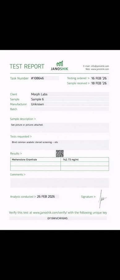 Laboratory test report for Methenolone Enanthate concentration.