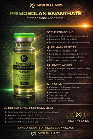 Informational poster about Primobolan Enanthate by Morph Labs, detailing composition and effects.