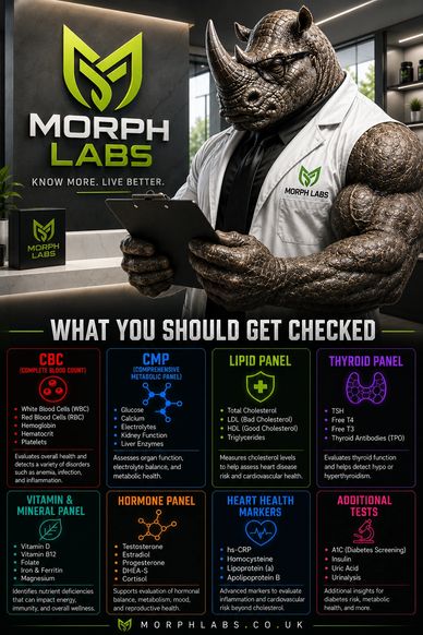 A muscular rhinoceros mascot in a lab coat at Morph Labs promoting health check tests.