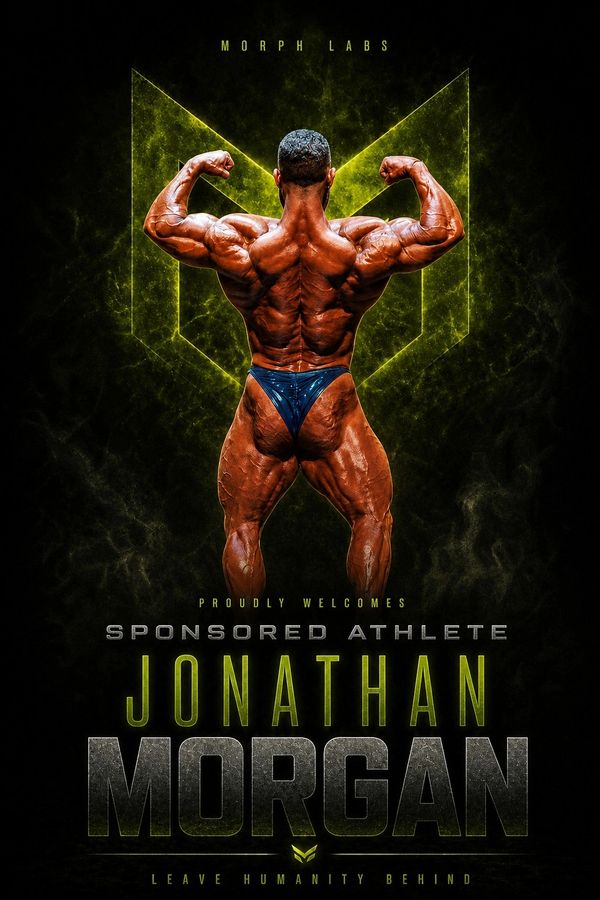 Bodybuilder Jonathan Morgan posing with muscular back, sponsored by Morph Labs.