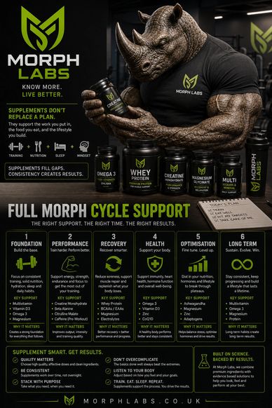 Muscular rhino mascot promotes Morph Labs supplements for full cycle support and health optimization.