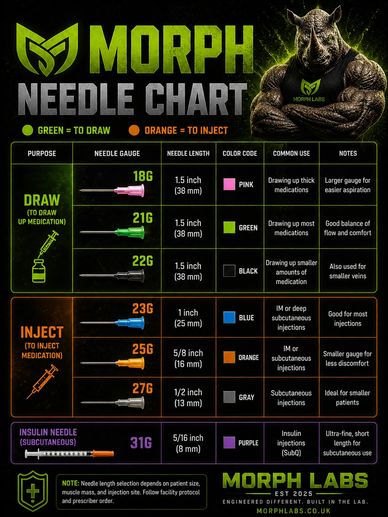 Morph needle chart showing needle types, sizes, colors, and uses for drawing and injecting medication.