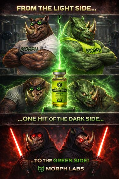 Rhino warriors representing light, dark, and green sides with Morph Labs supplement.