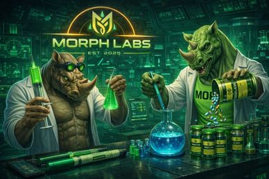 Two anthropomorphic rhinos in lab coats conducting chemical experiments in a futuristic lab.