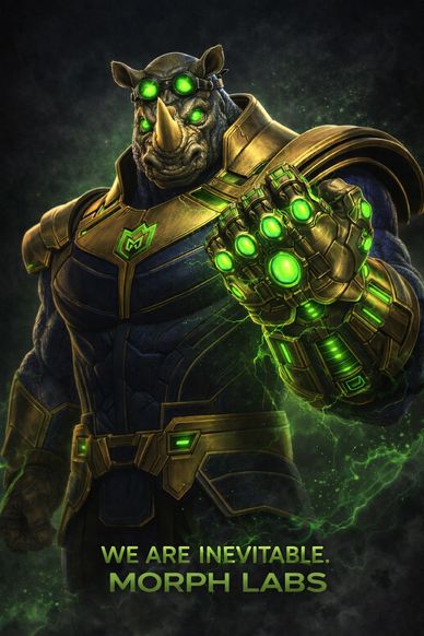 A powerful rhino character with glowing green gauntlet and goggles.