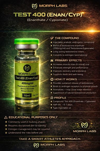 Morph Labs Test 400 anabolic steroid vial with detailed description and effects.