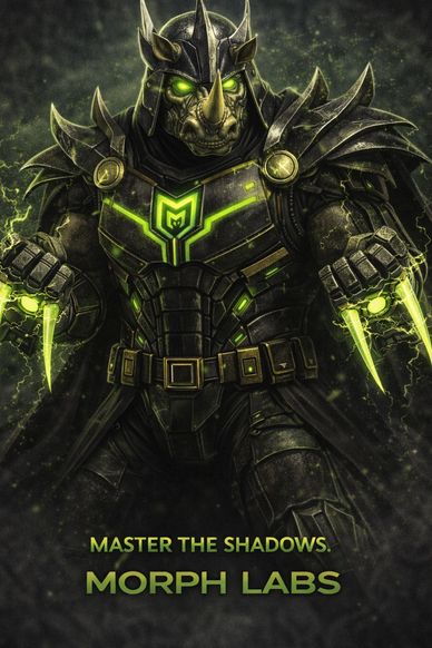 Armored rhino warrior with glowing green eyes and blades, ready for battle.