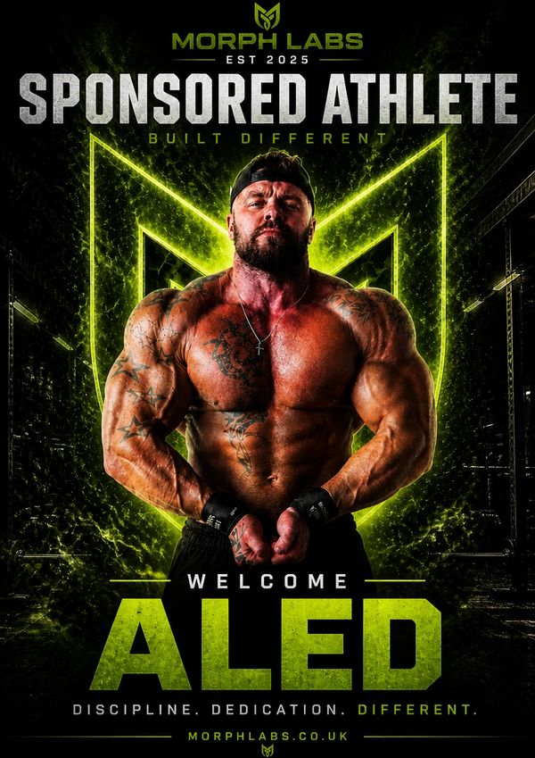Muscular athlete Aled sponsored by Morph Labs, showcasing strength and dedication.