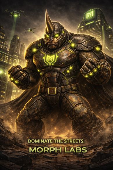 A powerful armored rhinoceros superhero dominates a cityscape at night.