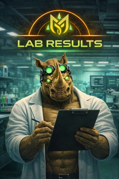 A humanoid rhino scientist in a lab coat reviews lab results on a clipboard.