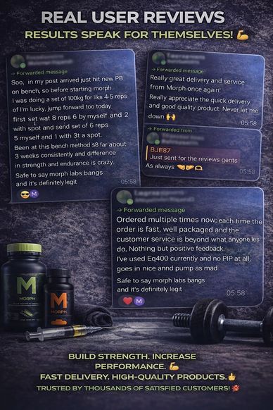 User reviews praising Morph lab's fast delivery, quality, and strength gains.