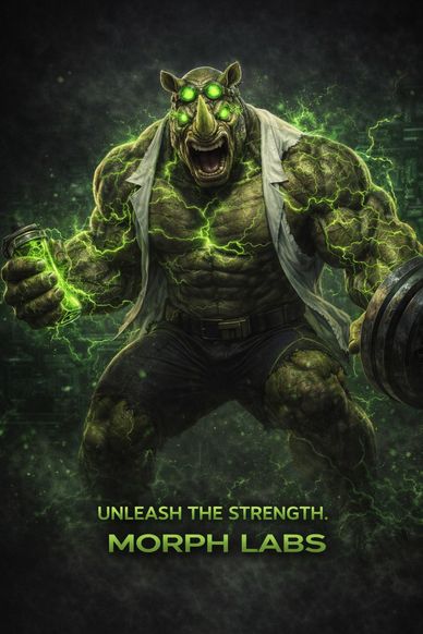 A powerful humanoid rhino with glowing green energy holds a vial and barbell, promoting Morph Labs.