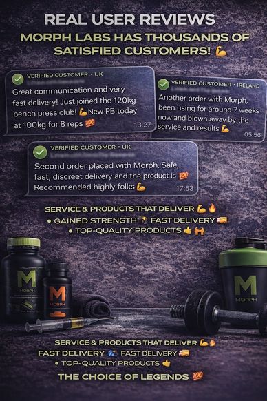 User reviews praising Morph Labs' fast delivery and effective products.