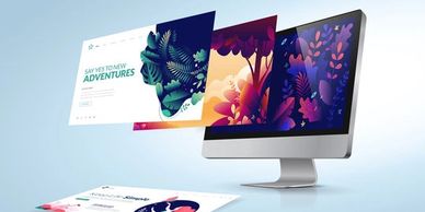 Creative digital screens showcasing vibrant nature-themed designs and adventurous messages.