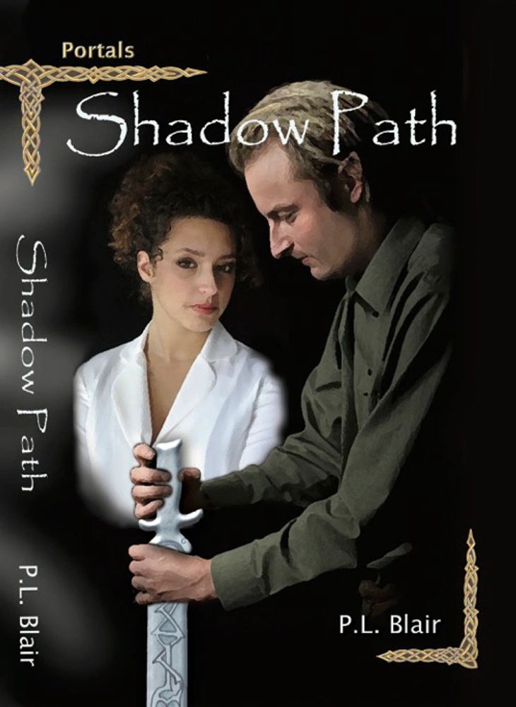 Book cover of "Shadow Path" by P.L. Blair featuring a man and woman with a sword.