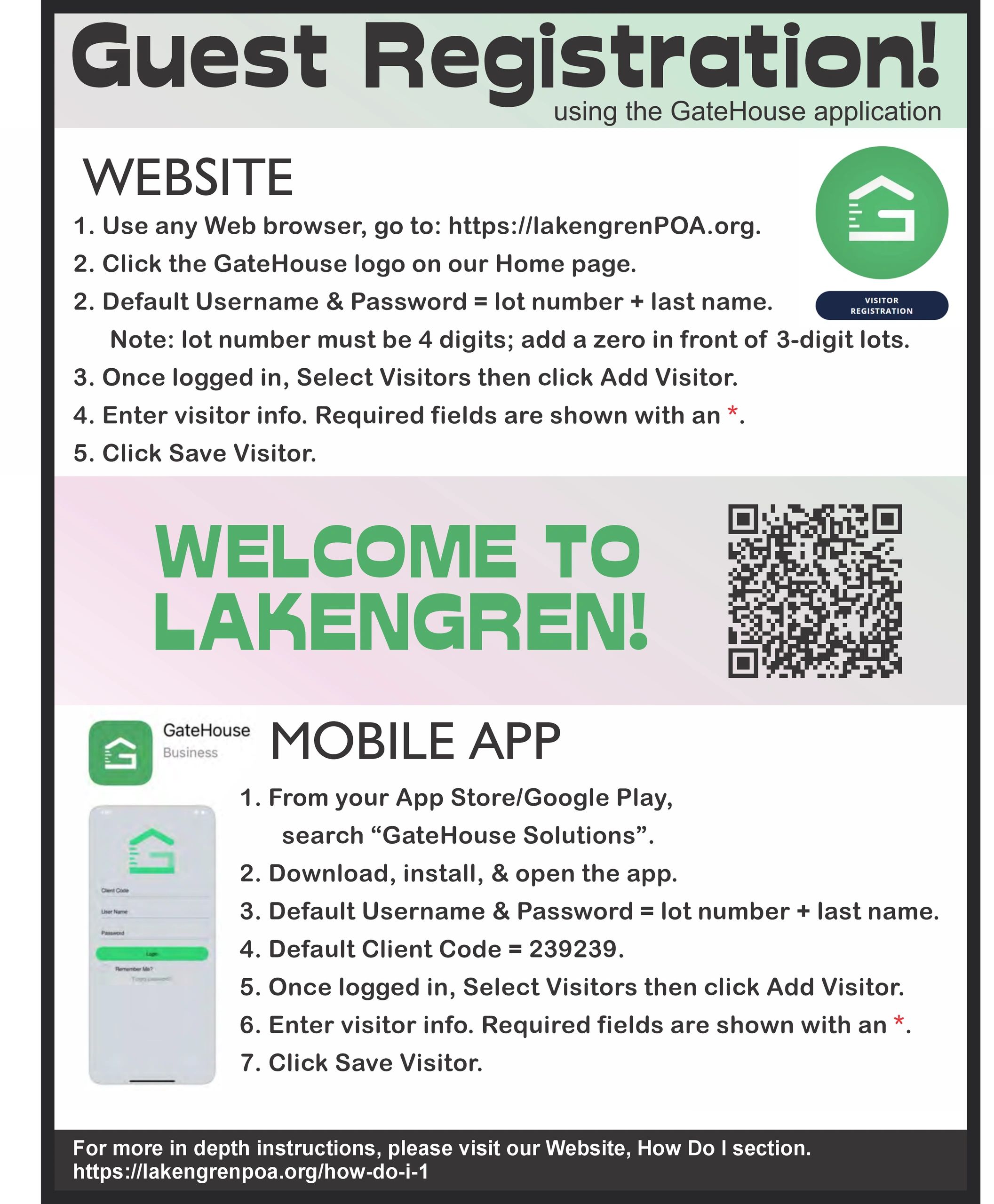 Guest registration instructions for Lakengren using GateHouse website and mobile app.