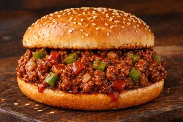 Close-up of a sloppy joe sandwich with ground beef and vegetables on a sesame bun.