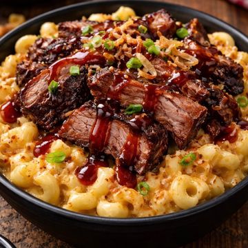 Barbecue beef brisket over creamy macaroni and cheese with green onions.