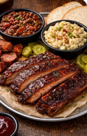 A delicious barbecue platter with ribs, baked beans, macaroni salad, pickles, and bread slices.