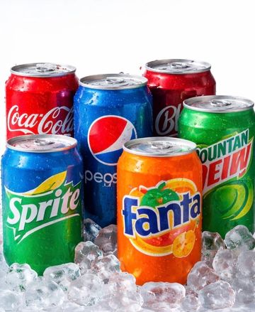 Assorted soda cans on ice, including Coca-Cola, Pepsi, Sprite, Fanta, and Mountain Dew.