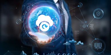 Business professional holding a glowing cloud icon representing reliable email continuity and uptime